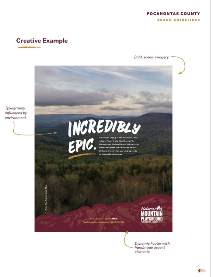 Pocahontas County brand guidelines showing a creative example ad with mountain landscape and "Incredibly Epic." text.